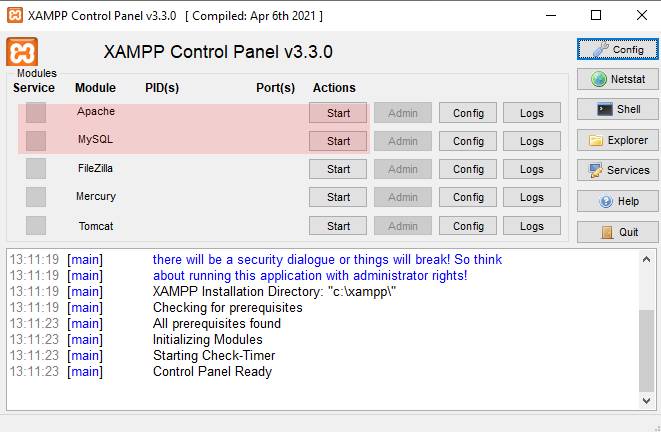 xampp control panel